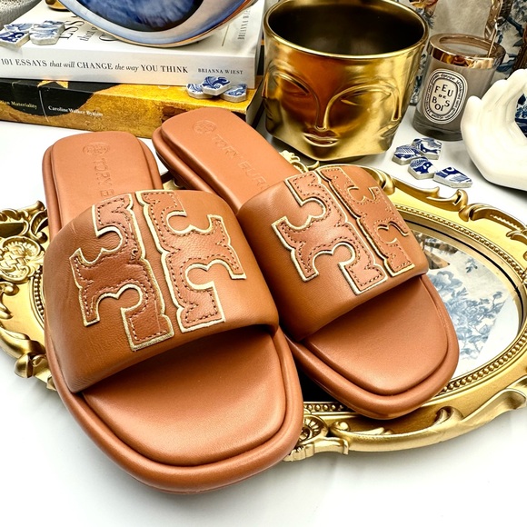 🆕 TORY BURCH 🧿 NWOT Double T Monogram Padded Leather Slide Sandals - Size US7 - Picture 4 of 13
